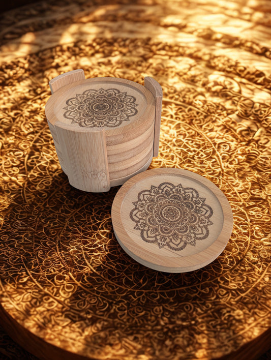 Dessous de verre en bois – Lot de 6 avec support (personnalisables)